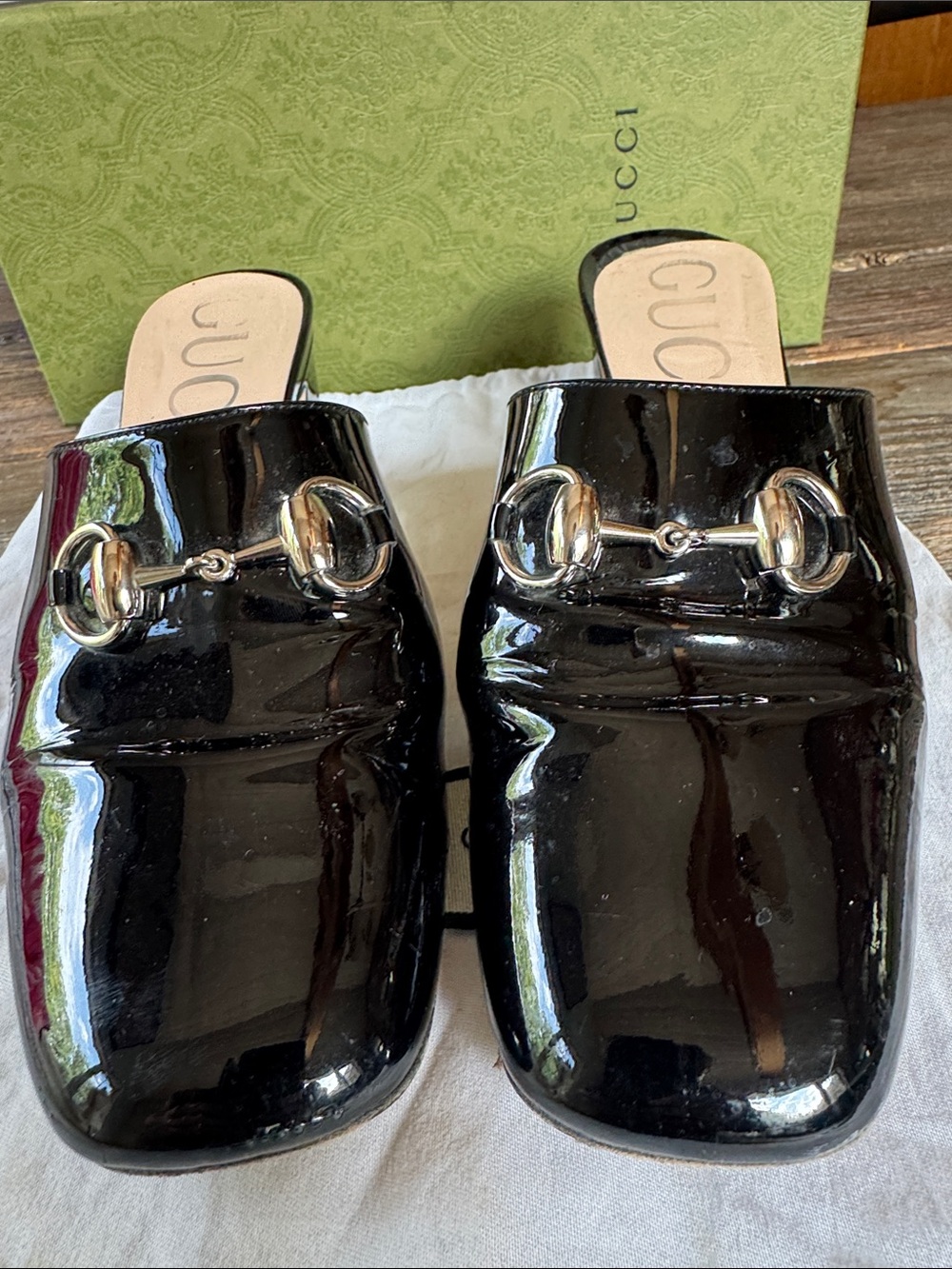 Gucci black patent leather heeled horse bit slides w/box & dusty size 40/9 - Picture 2 of 14